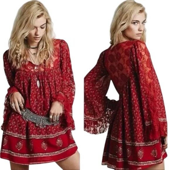 Free People Nomad Child Boho Floral Lace Bell Sleeve Dress Tassel Size S Red - Picture 1 of 11